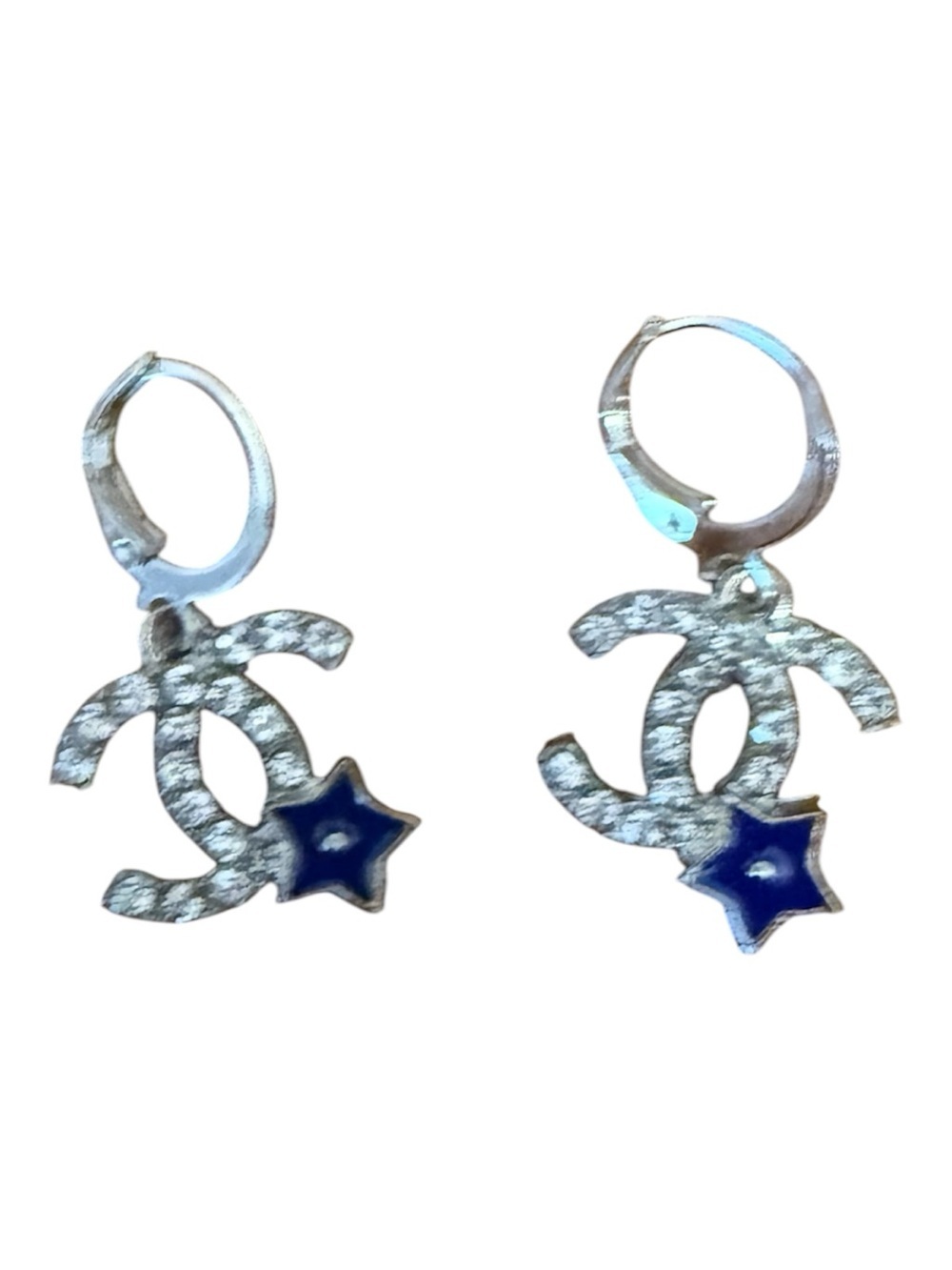 Silver C Hoop Earrings with Blue Star Charms